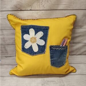 Upcycled Decorative pillow with Applique Jeans Pockets and Embroidery